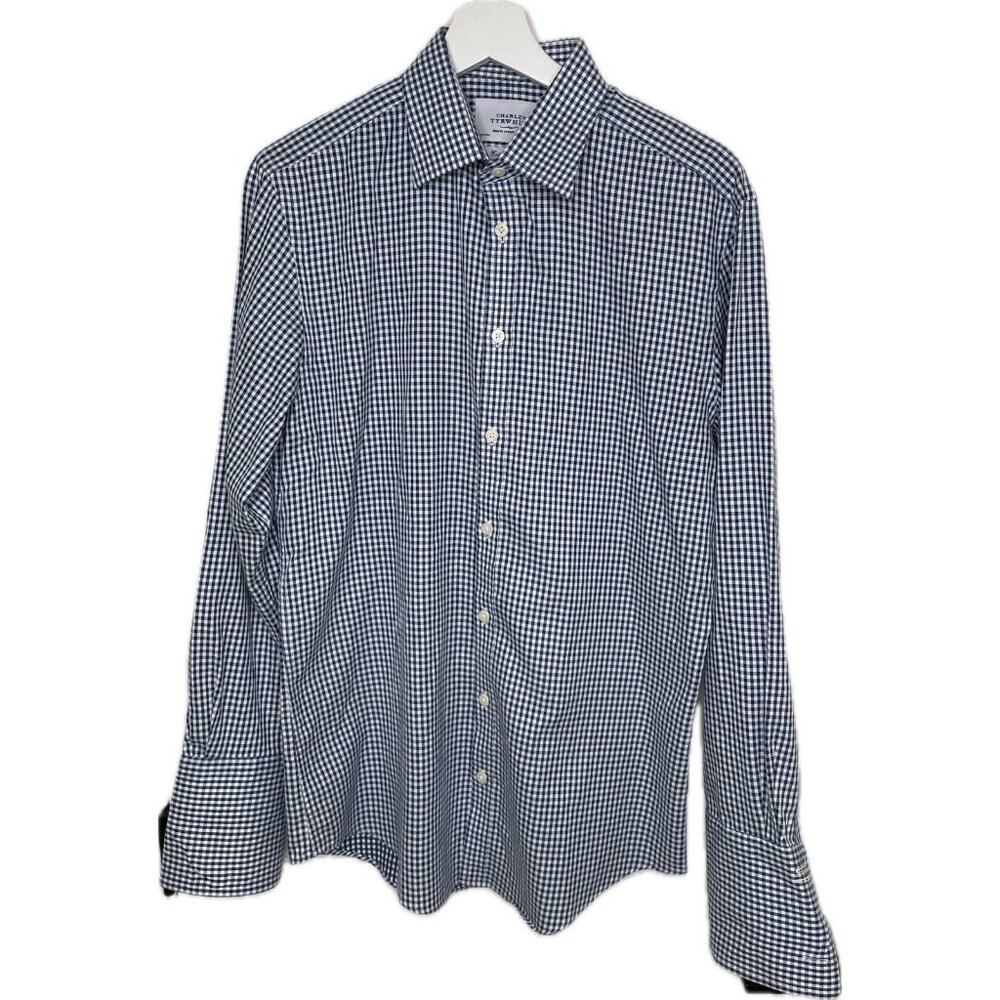 charles tyrwhitt Plaid Button Down Shirt Blue Extra Slim Fit French Cuff 15.5/33